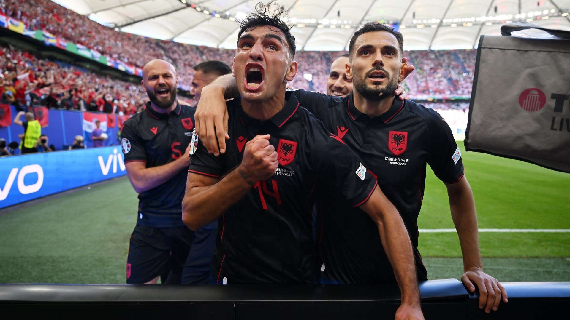 Albania celebrating Qazim Laci goal against Croatia at Euro 2024